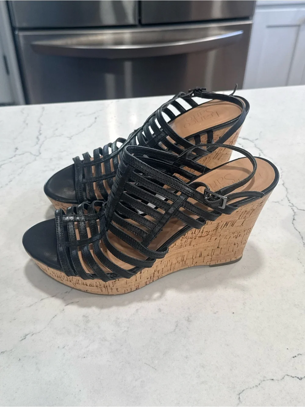 Franco Sarto Women’s Black Strappy Cork Wedge Ankle Strap Sandals US 8